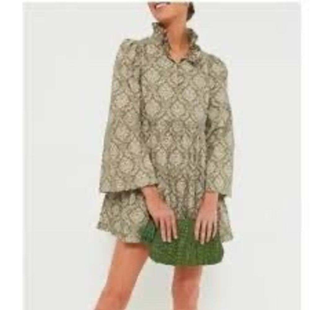 New! HYACINTH HOUSE Olive Green Damask Cottagecore Boho Dress Ruffle Neck MEDIUM